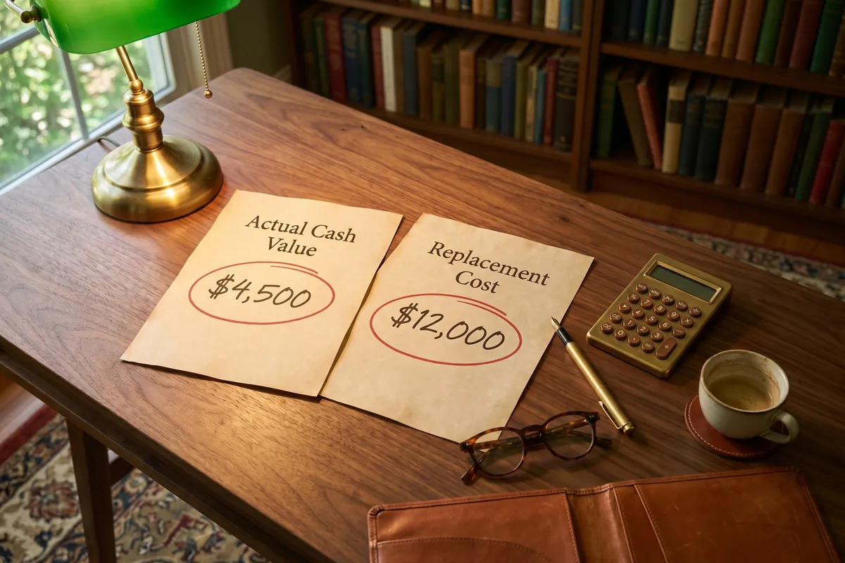 A side-by-side workspace showing two policy documents and a calculator, illustrating ACV versus RCV claim outcomes