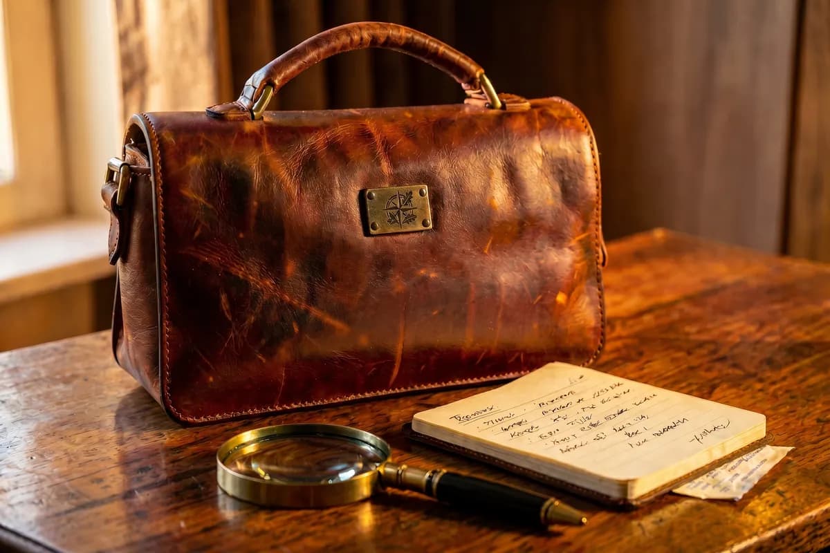 A leather handbag with its brand plaque clearly visible, photographed alongside a notebook and magnifying glass — illustrating how to document a bag's brand and details for an insurance claim
