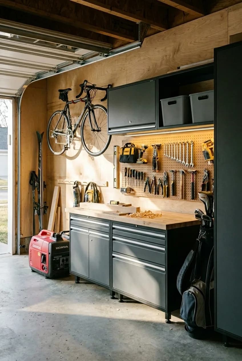 Garage workshop with power tools, lawn equipment, and sporting goods — the most overlooked room