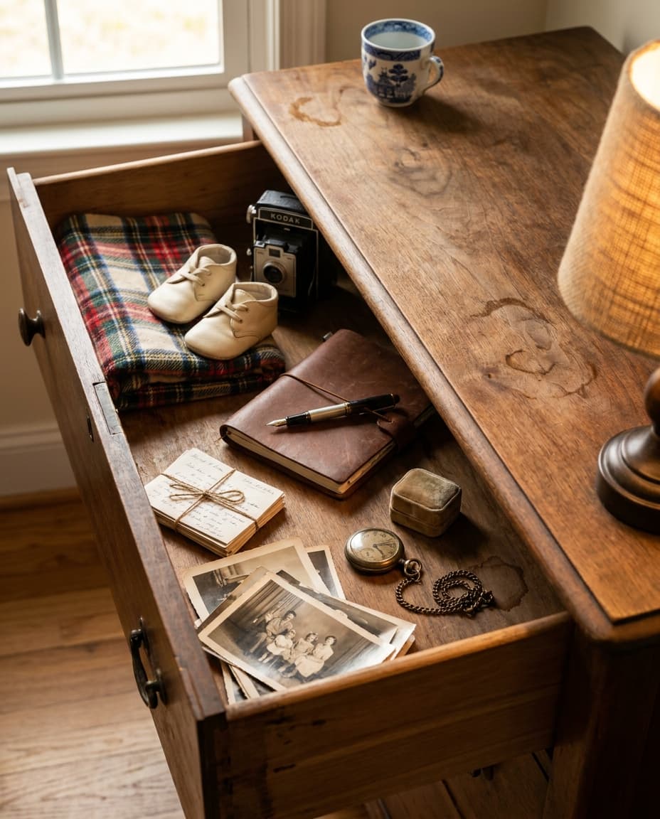 A drawer of keepsakes — photographs, jewelry, and heirlooms that carry stories beyond dollar value