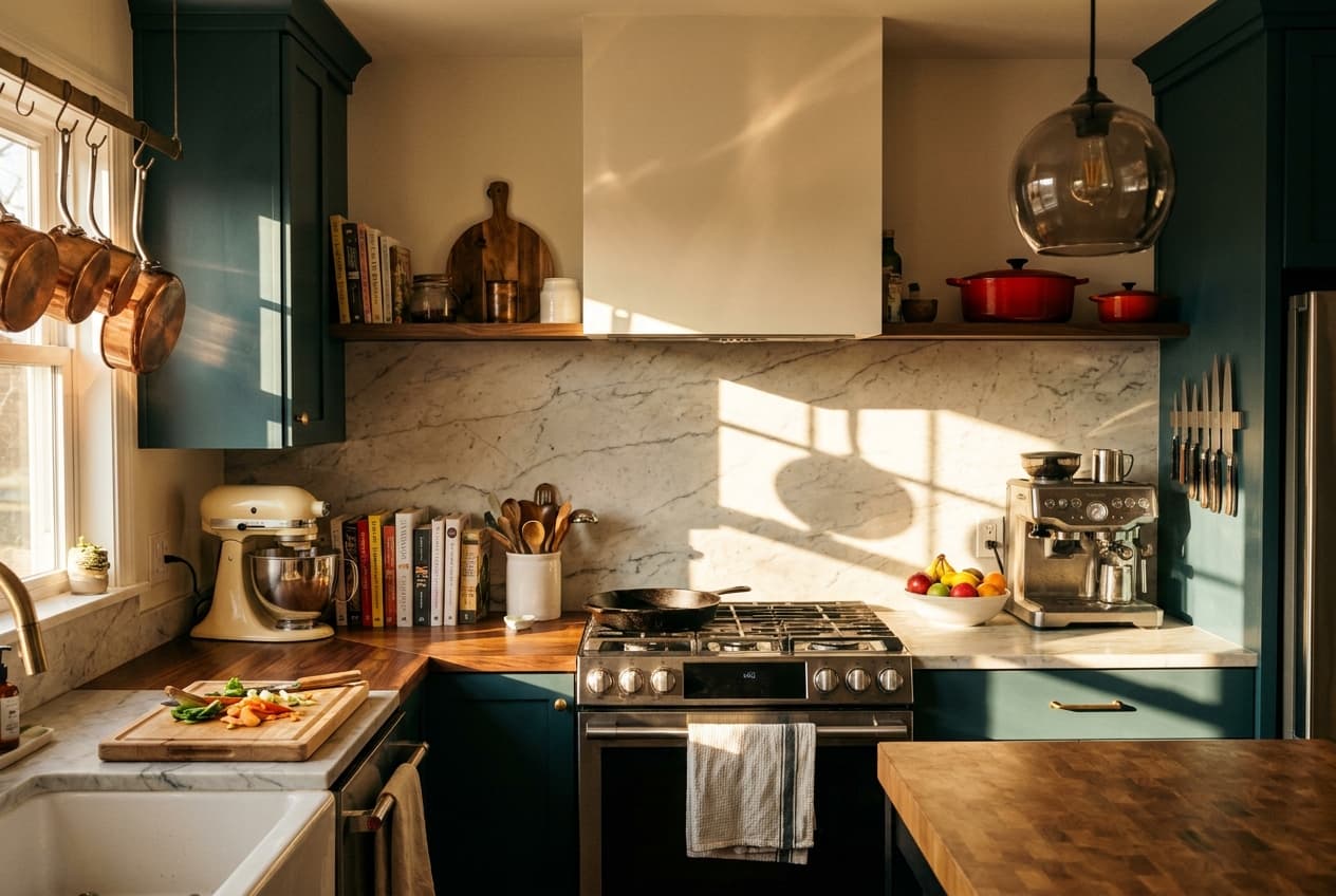 Kitchen countertop with stand mixer, espresso machine, and cookware worth documenting