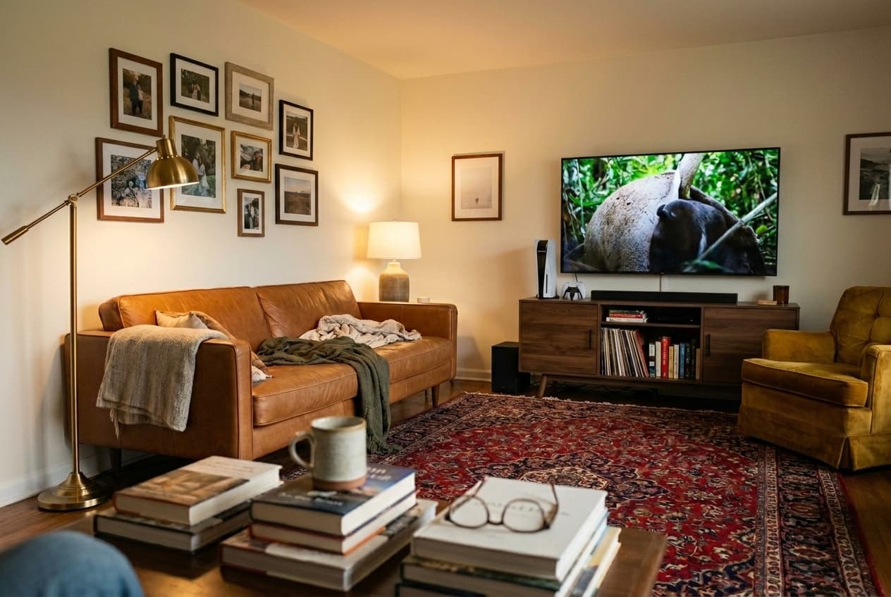 Living room with couch, TV, gaming console, and decor — electronics plus furniture add up fast