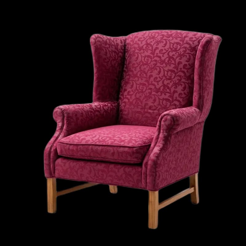 Burgundy damask wingback chair
