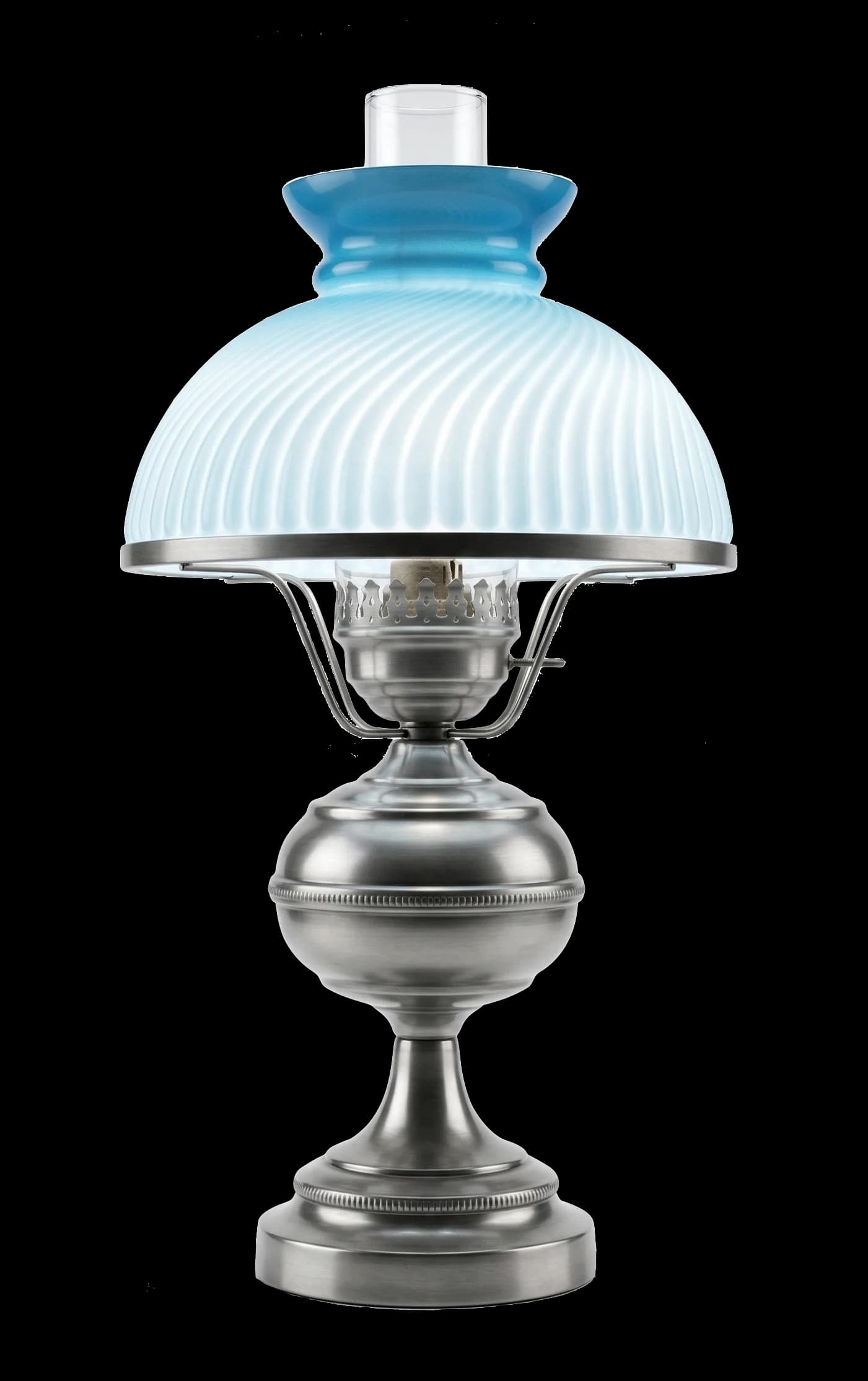 Antique nickel hurricane lamp with blue swirl shade