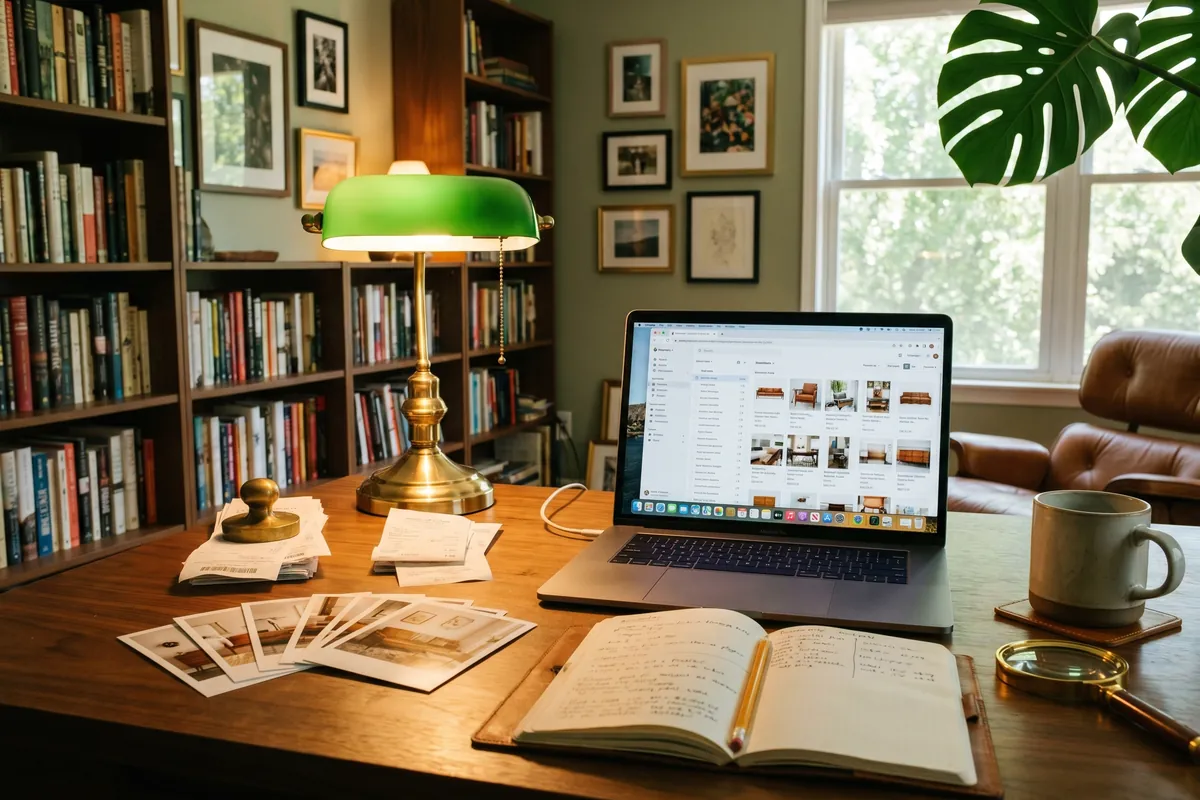 A warm desk workspace with a laptop, a printed inventory, photos, and receipts laid out for a claim