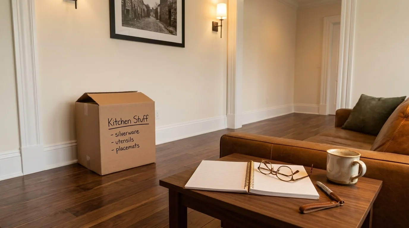A moving box labeled Kitchen Stuff, with silverware, utensils, and placemats listed underneath, sitting in a nearly empty room beside an open inventory notebook